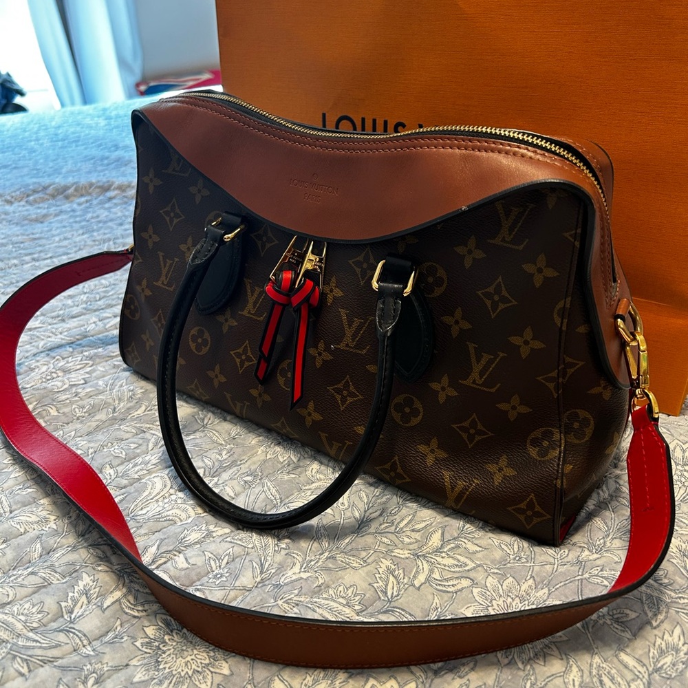 Louis Vuitton Monogram Canvas Satchel with Red Strap and Tan Trim
